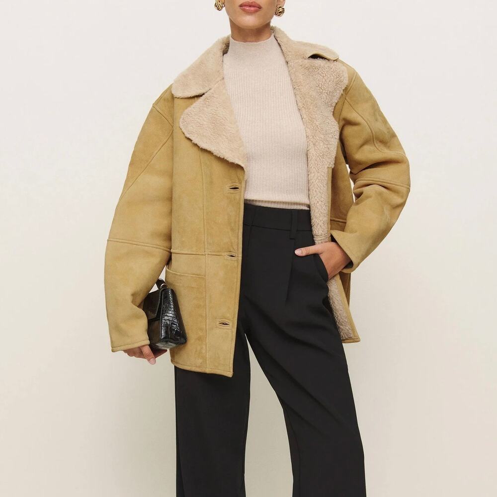 Reformation Veda Luca Suede Shearling Collar Parmesan Suede Coat L NEW Jacket